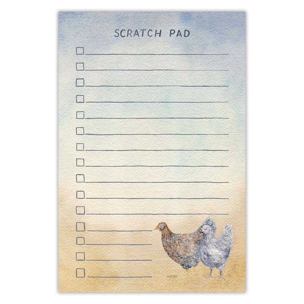 Chicken Scratch Pad Notepad featuring a watercolor illustration of two chickens, Pumpkin and Agatha, with hand-lettered text, on recycled paper.