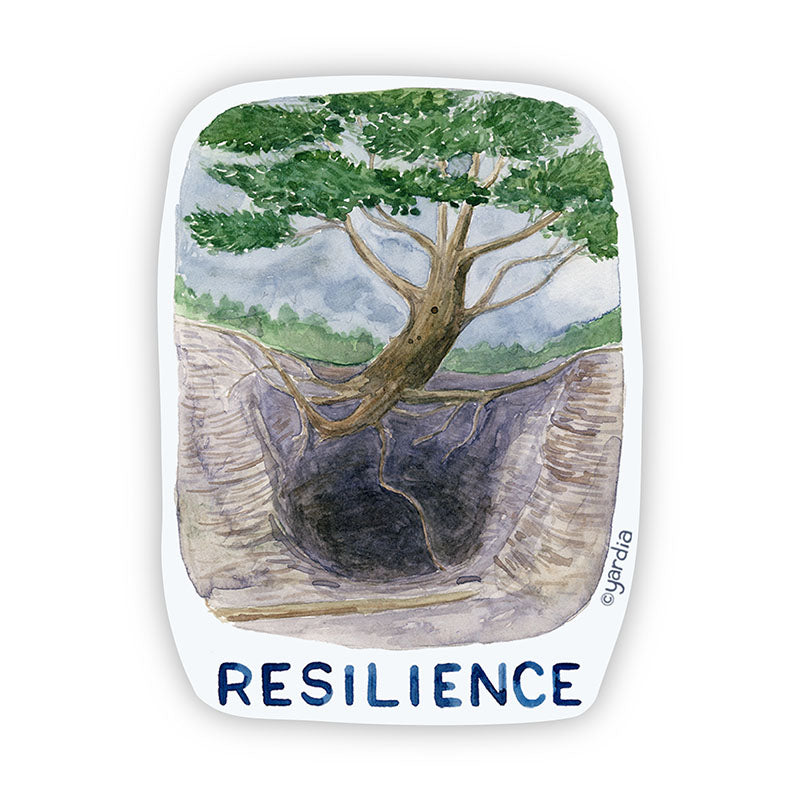 Vinyl sticker of a tree emerging from a hole, illustrating RESILIENCE. Watercolor art by Brigida Swanson, 3x2.6, weatherproof and dishwasher safe.