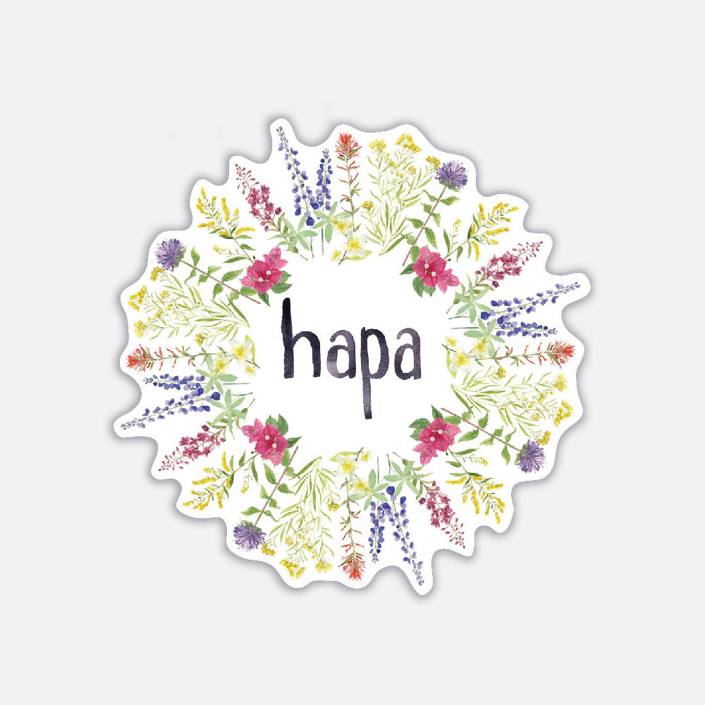 Hapa Sticker featuring hand-lettered hapa surrounded by a watercolor ring of wildflowers, celebrating interracial love and multiracial identities. Ideal for laptops or water bottles.