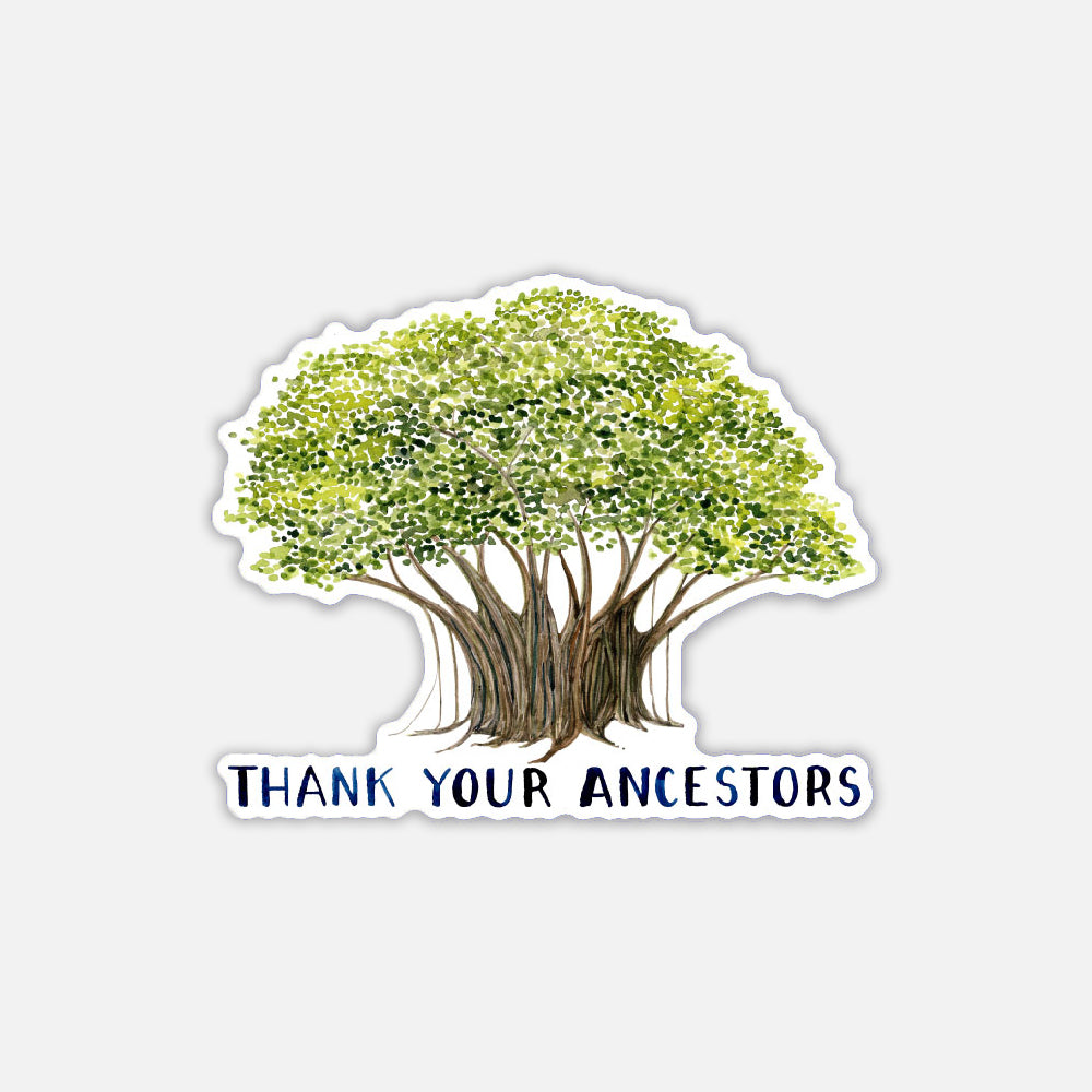 Thank Your Ancestors Sticker featuring a watercolor illustration of Guam's nunu tree with thank your ancestors text, honoring CHamoru heritage.