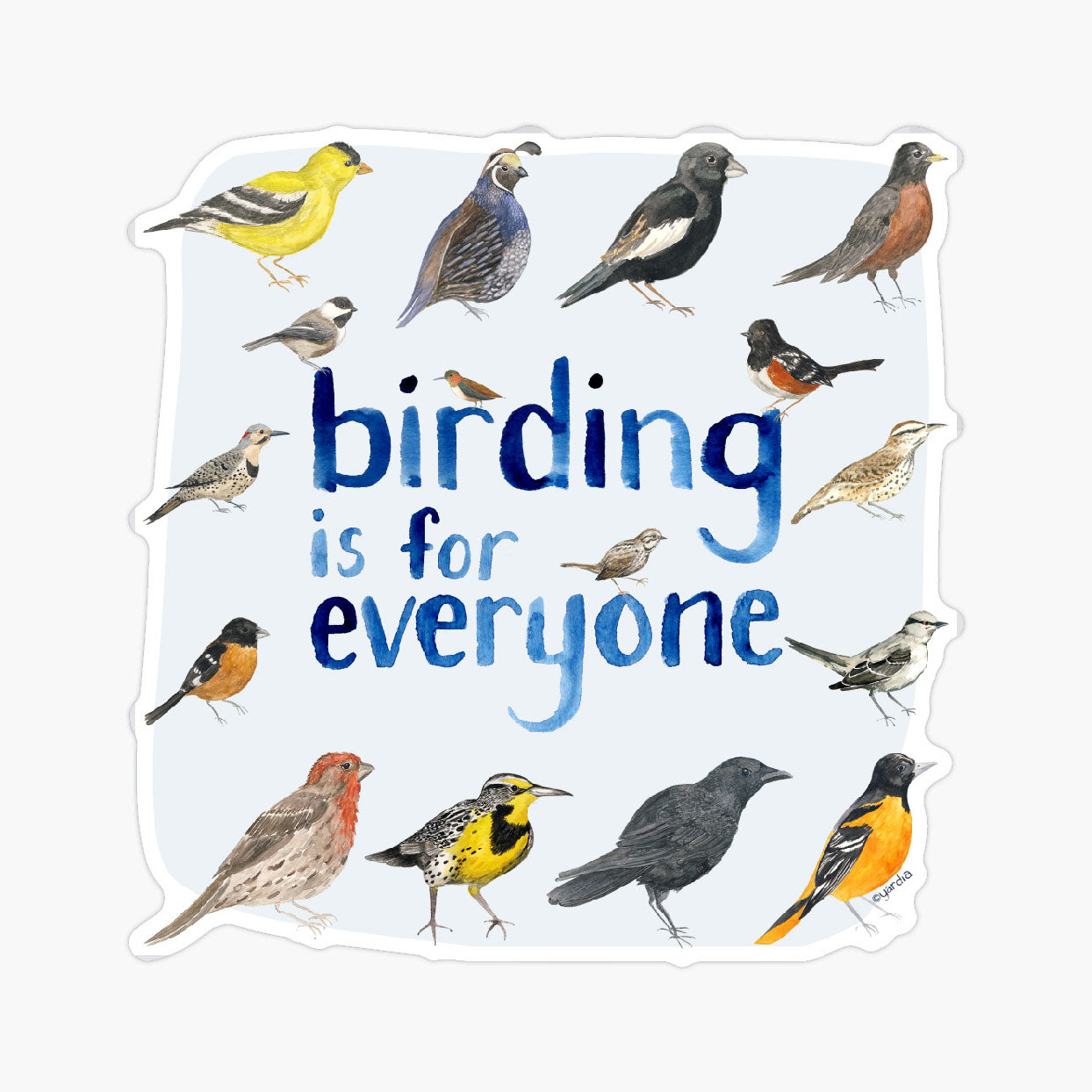 Birding Is For Everyone Sticker featuring watercolor illustrations of various birds, perfect for nature enthusiasts. Weatherproof and fade resistant, ideal for laptops or water bottles.