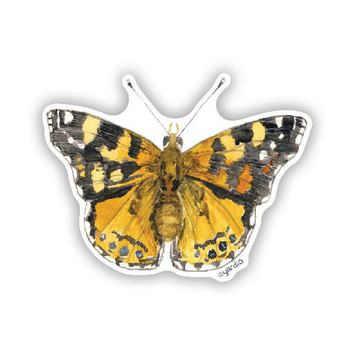 Watercolor illustration of a West Coast Lady butterfly sticker by Brigida Swanson, suitable for laptops or water bottles.