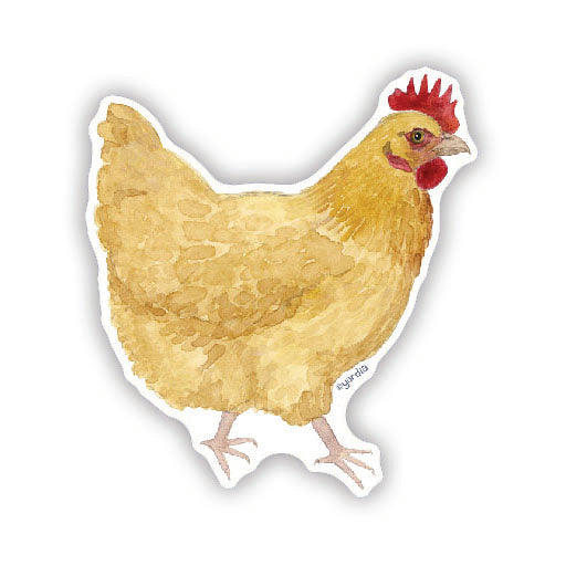Buff Orpington Hen - Watercolor Chicken Sticker featuring a vibrant illustration of a hen with a red crest, ideal for laptops or water bottles.