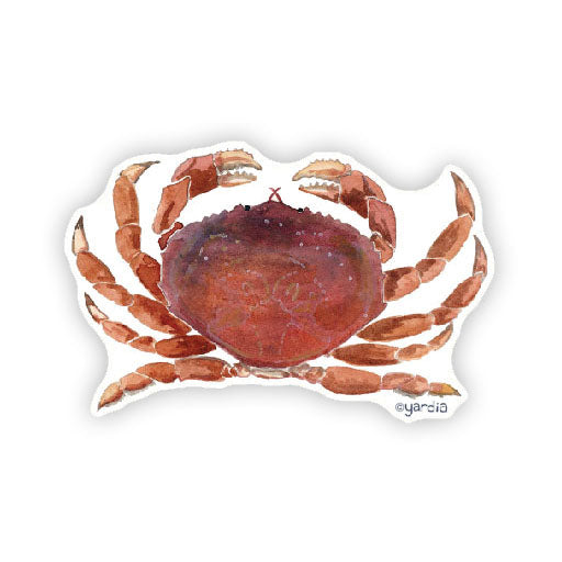 Watercolor illustration of a Dungeness crab sticker by Brigida Swanson, highlighting its West Coast identity and Coastal Grandmother aesthetic.