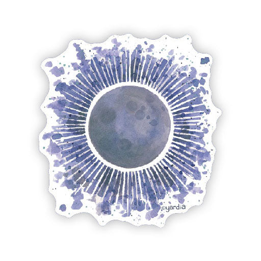 Solar Eclipse - Watercolor Moon Sticker featuring a total solar eclipse with sun rays, perfect for adding astrological flair to personal items. Weatherproof and fade-resistant.