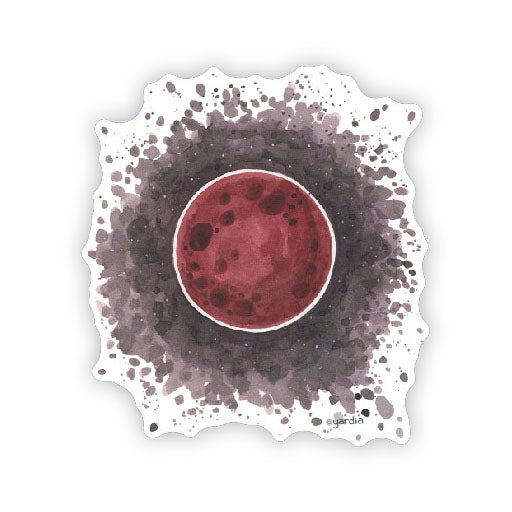 Lunar Eclipse - Watercolor Moon Sticker depicting a super blood moon with black and grey spots, designed by artist Brigida Swanson.