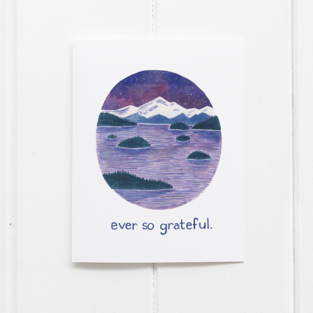 Ever So Grateful Thank You Card featuring a watercolor of Washington's San Juan Islands and a lake, paired with the message ever so grateful.