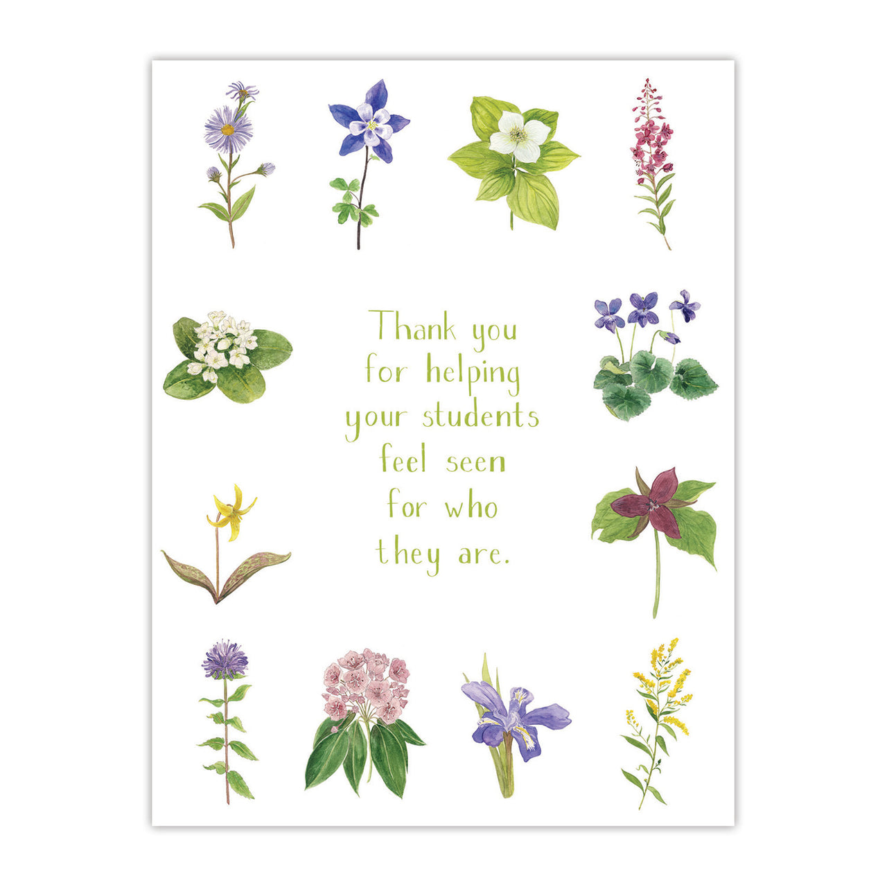 Teacher Appreciation Card featuring watercolor wildflower illustrations and hand-lettered message, perfect for back-to-school gifting. Blank inside, includes a kraft envelope.