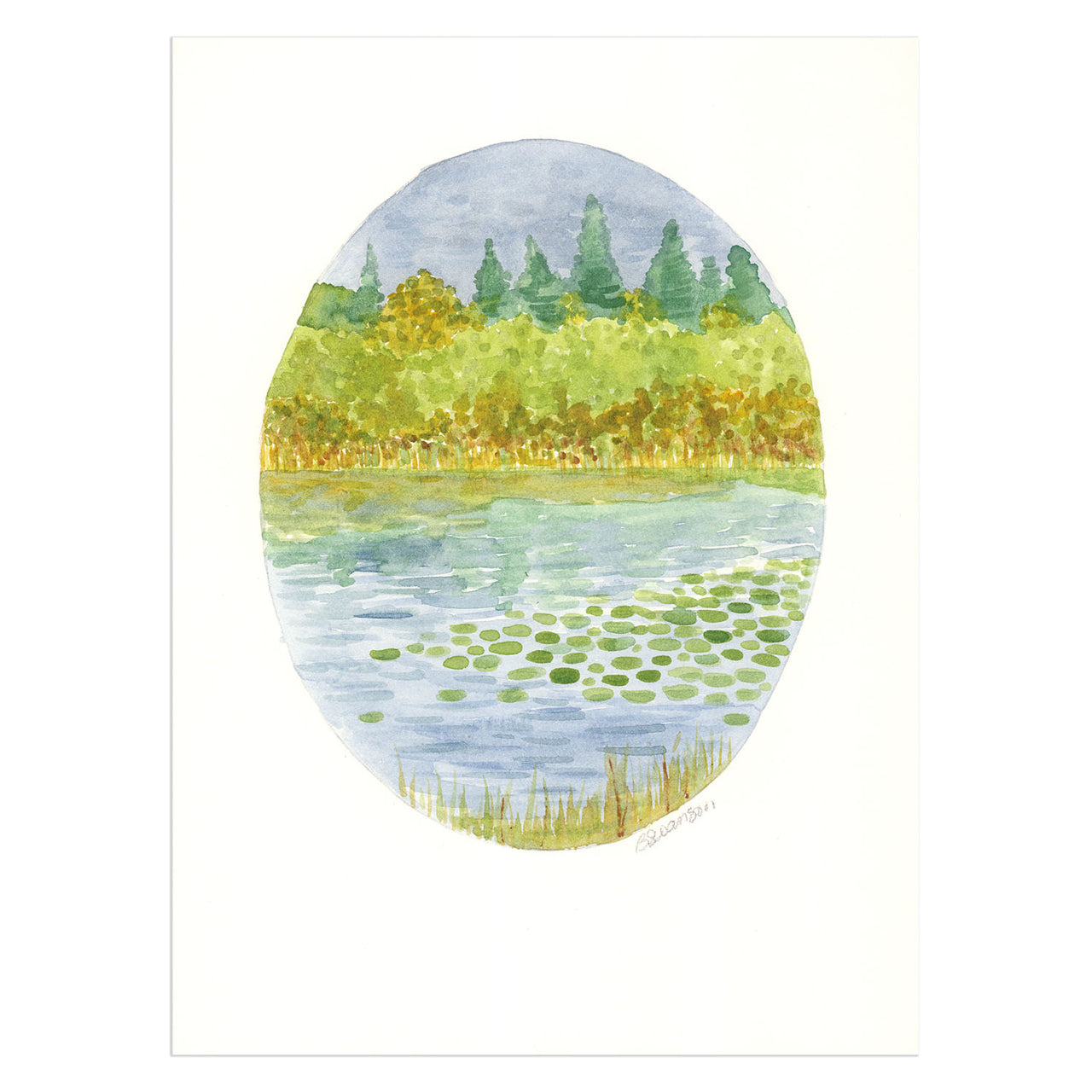 original watercolor painting of a pond in autumn