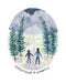 a watercolor illustration of two sisters holding hands on a trail with a mountain and trees with words that read sisterhood is powerful