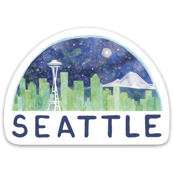 Seattle Sticker: Vinyl sticker depicting the Seattle skyline with the Space Needle and Mt. Rainier, featuring Brigida Swanson's watercolor art and lettering.
