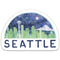 Seattle Sticker: Vinyl sticker depicting the Seattle skyline with the Space Needle and Mt. Rainier, featuring Brigida Swanson's watercolor art and lettering.
