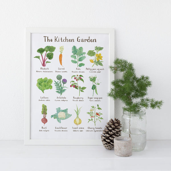 Kitchen Garden Art Print featuring watercolor illustrations of fruits and vegetables, displayed in a decorative setting with a plant and candle. Frame not included.