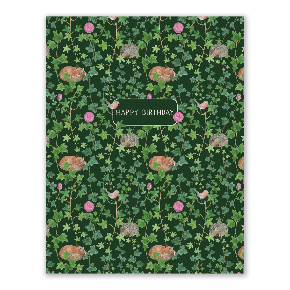 Secret Garden Birthday Card featuring watercolor ivy, roses, foxes, hedgehogs, and birds with HAPPY BIRTHDAY text; blank inside, comes with kraft envelope.
