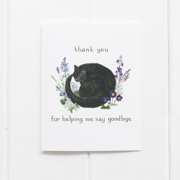Cat Pet Sympathy Card featuring a black cat curled among flowers, offering comfort for pet loss. Blank inside with kraft envelope, watercolor by Brigida Swanson.