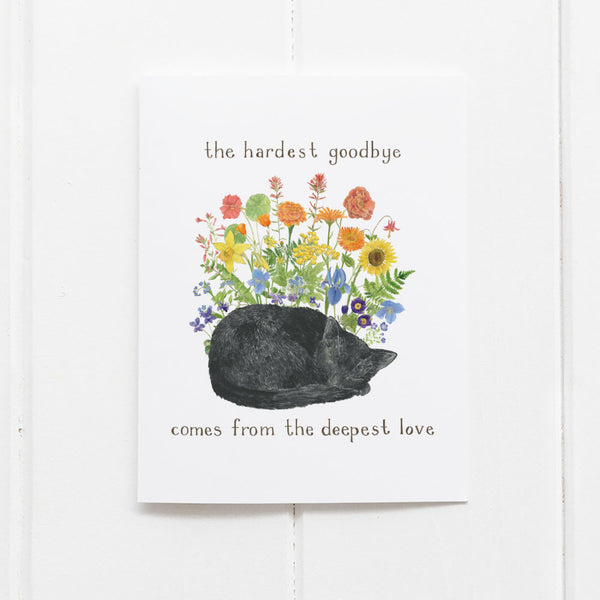 Cat Pet Sympathy Card featuring a watercolor illustration of a black cat sleeping among vibrant flowers, symbolizing comfort for pet loss. Blank inside, includes a kraft envelope.