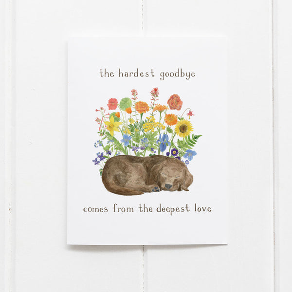 Dog Pet Sympathy Card featuring a sleeping dog with watercolor flowers, offering comfort for pet loss. Blank inside, includes kraft envelope, by Yardia artist Brigida Swanson.