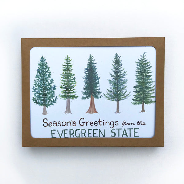 Washington State Boxed Set Christmas Cards features watercolor evergreen trees with Season’s Greetings from the Evergreen State, boxed with 6 cards and envelopes.