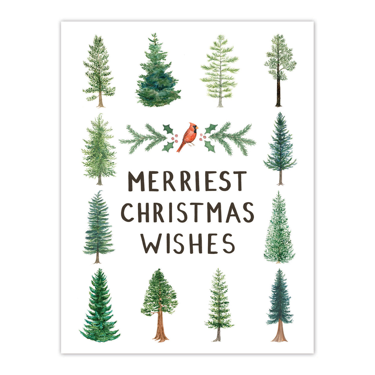 Trees Christmas Card - Holiday Greeting Card featuring watercolor trees and a red bird, with Merriest Christmas Wishes message. Blank inside, includes kraft envelope.