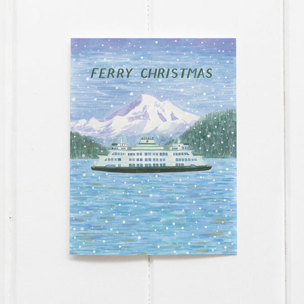Ferry Christmas Cards - Set of 6 Boxed Christmas Cards featuring a watercolor illustration of a Washington State ferry, snowflakes, and Mount Rainier. Includes kraft envelopes.
