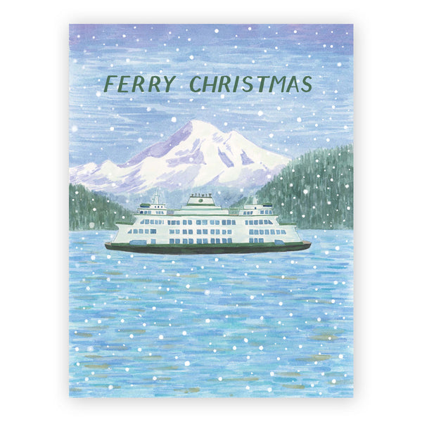 Ferry Christmas Card featuring a Washington State ferry in snowy Mount Rainier and Puget Sound. Watercolor illustration by Seattle artist Brigida Swanson.