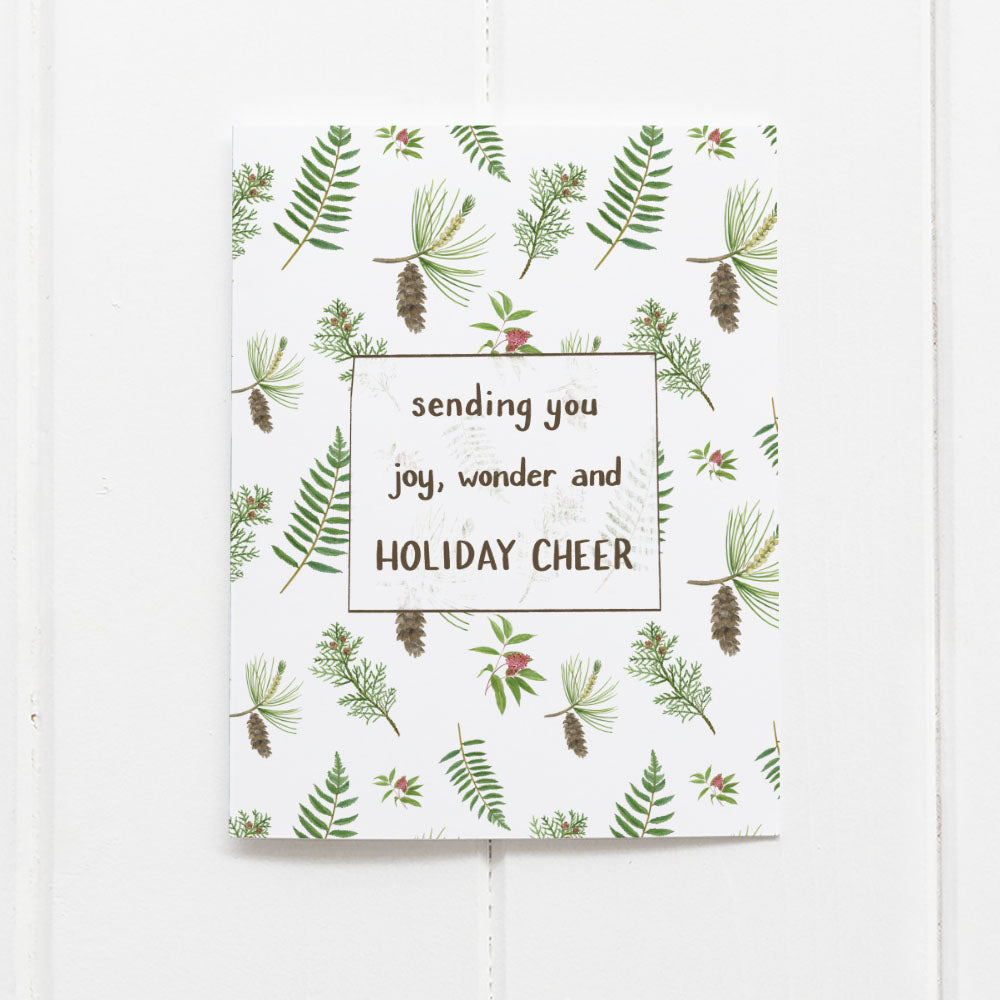 Pine Christmas Card Box Set - Set of 6 Boxed Holiday Cards featuring a festive watercolor botanical pattern with a joyful holiday message, perfect for seasonal greetings.