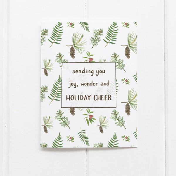 Pine Christmas Card Box Set - Set of 6 Boxed Holiday Cards featuring a festive watercolor botanical pattern with a joyful holiday message, perfect for seasonal greetings.