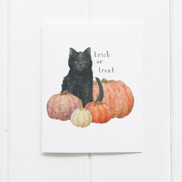 Black Cat and Pumpkins Halloween Card - Trick Or Treat Card