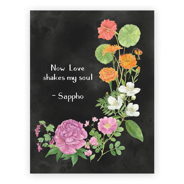 Sapphic Love Card featuring watercolor flowers and Sappho quote, designed by Brigida Swanson. Comes with a kraft envelope, perfect for Valentine's or anniversaries.