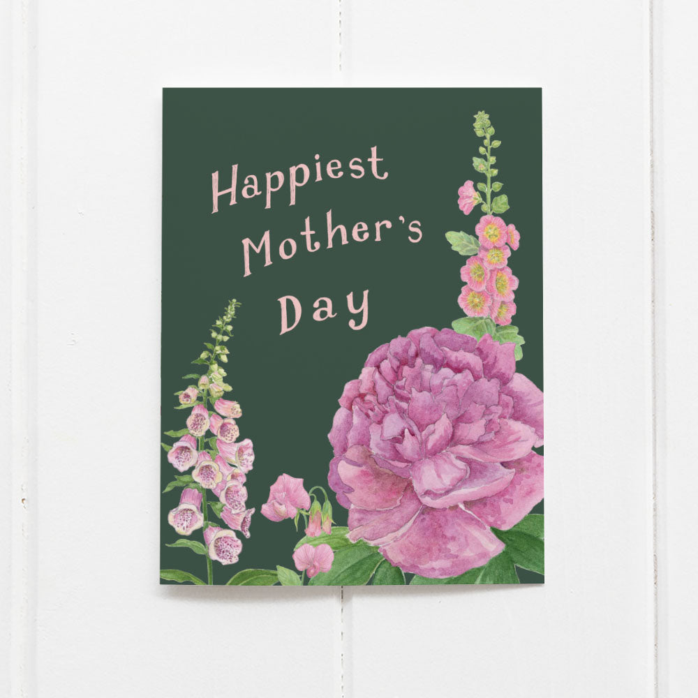Floral Mother's Day Card featuring pink peonies and garden flowers in watercolor design, blank inside, with a kraft envelope.