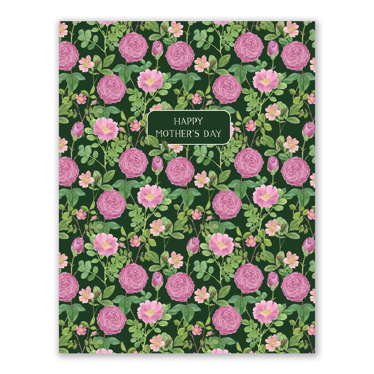 Roses Mother's Day Card featuring pink roses and green foliage on a dark green background, with HAPPY MOTHER’S DAY centered. Blank inside, includes kraft envelope.