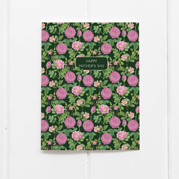 Roses Mother's Day Card featuring pink floral pattern and HAPPY MOTHER’S DAY text, showcasing Victorian elegance and watercolor design by Seattle artist Brigida Swanson.