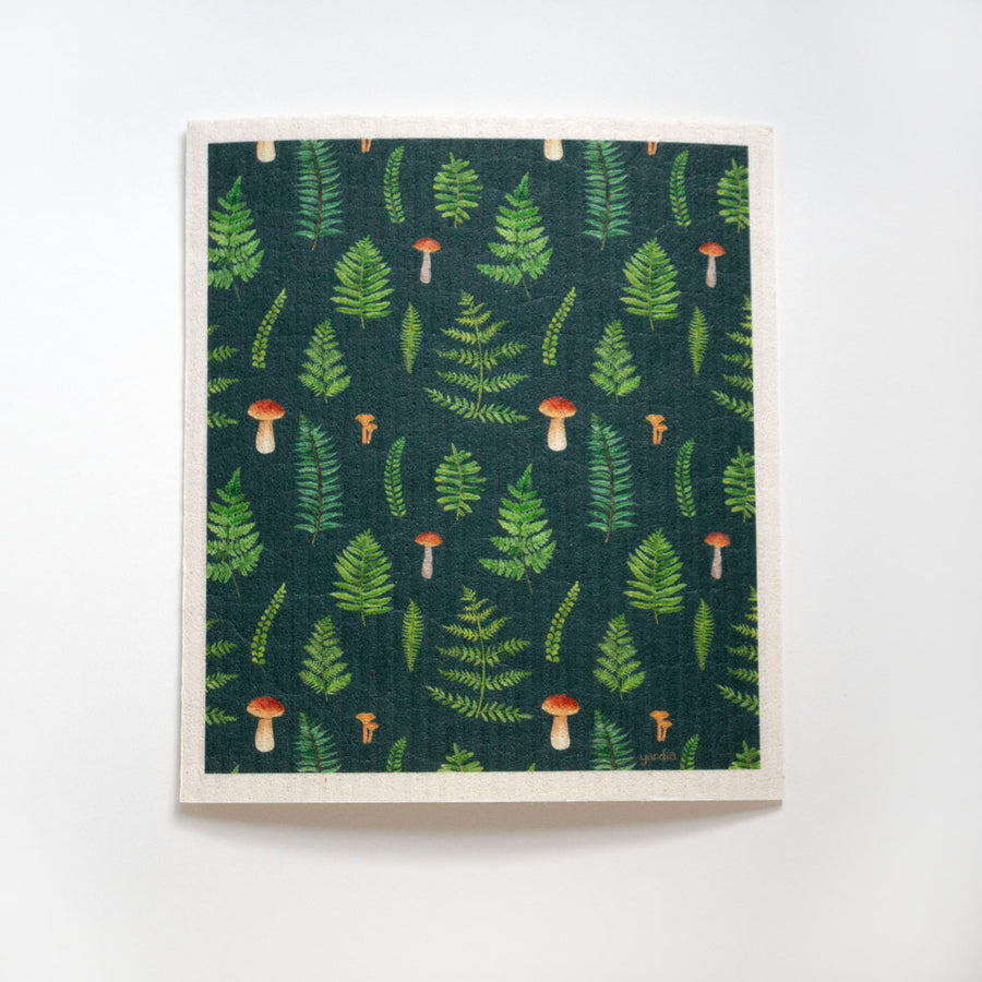 Ferns Sponge Cloth - Cellulose Sponge Dish Cloth featuring watercolor ferns and mushrooms, highlighting its eco-friendly and compostable qualities for sustainable cleaning.