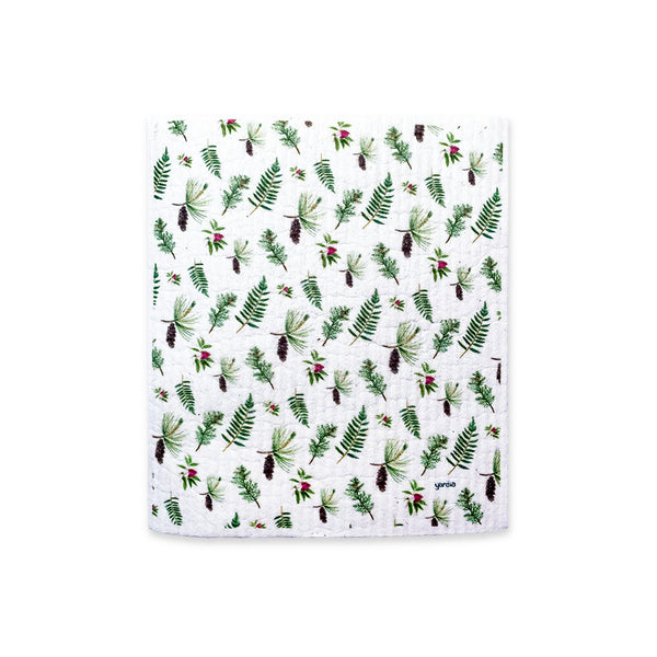 Holiday Pine Sponge Cloth - Cellulose Dish Cloth featuring pine and cedar boughs, with pink berry accents, ideal for sustainable kitchens, reusable and compostable.