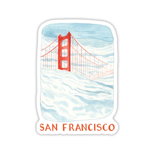 San Francisco Karl The Fog Sticker: Watercolor vinyl sticker of the Golden Gate Bridge in snow, featuring 'San Francisco' text. Weatherproof and perfect for personal items.