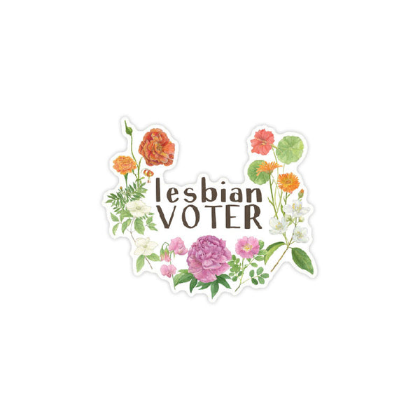 Lesbian Voter Sticker featuring a watercolor floral design, ideal for expressing LGBTQ+ pride and voter identity. Durable vinyl, approximately 3 x 3, weatherproof.