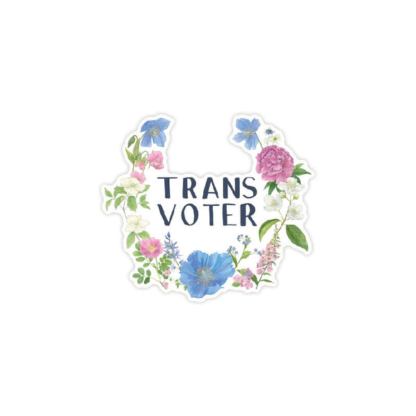 Trans Voter Sticker featuring watercolor floral design in trans flag colors, highlighting LGBTQ+ pride and voter identity. Durable vinyl, weatherproof, and water-resistant.