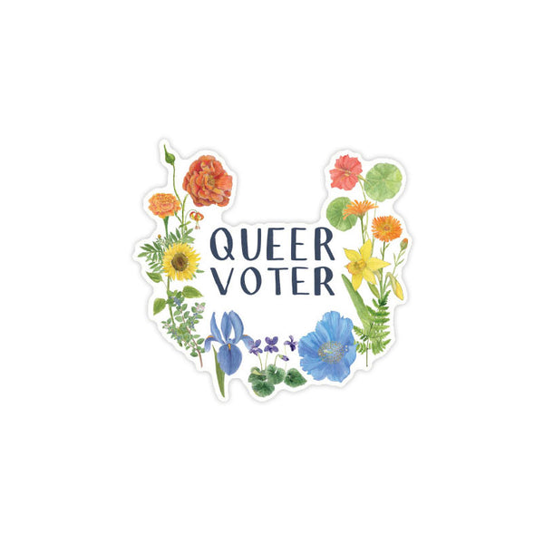 Queer Voter Sticker featuring watercolor floral design with text, expressing LGBTQ+ pride and voter identity. Made of durable vinyl, weatherproof and fade-resistant.