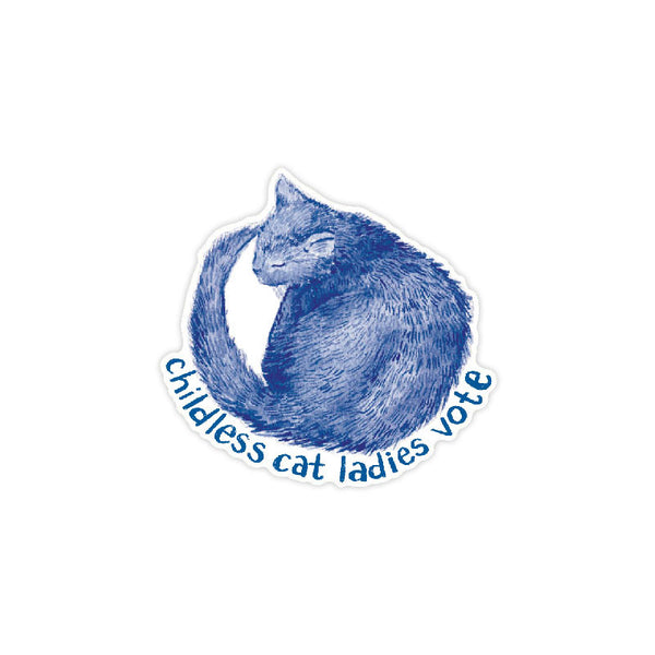 Childless Cat Ladies Vote Sticker featuring a blue watercolor cat illustration, designed for expressing voter identity. Durable, weatherproof vinyl, perfect for election year advocacy.