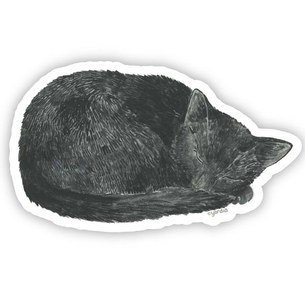Watercolor vinyl sticker of a black cat sleeping, illustrating peaceful vibes. Durable and weatherproof, perfect for adding artistic charm to surfaces. Created by Brigida Swanson.