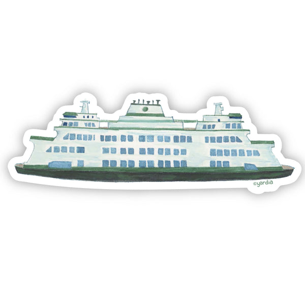 Washington State Ferry Vinyl Sticker featuring a watercolor illustration by Brigida Swanson, showcasing a ship. Durable, weatherproof, and perfect for expressing Pacific Northwest pride.