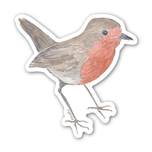 Watercolor illustration of a European robin sticker by Brigida Swanson, capturing its charm and durability for personalizing items like laptops and journals.