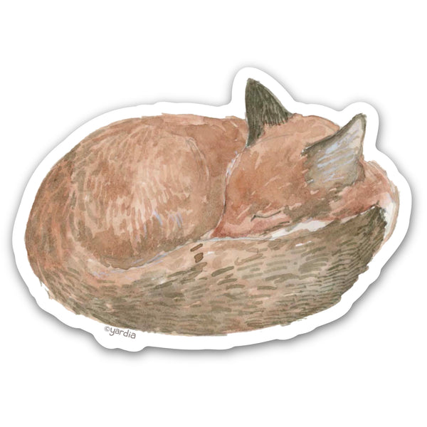 Watercolor sticker of a sleeping fox curled with tail wrapped around, crafted from durable vinyl, perfect for adding whimsical charm to personal items.
