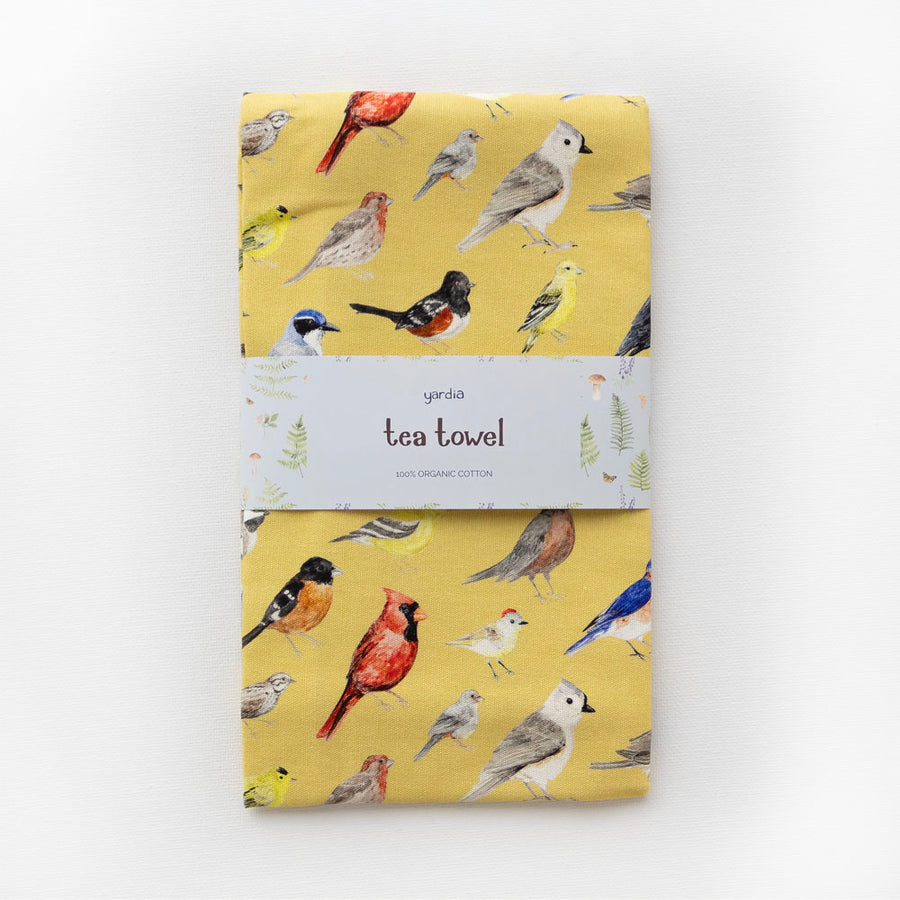 Backyard Birds Tea Towel - Organic Cotton Kitchen Towel featuring watercolor birds design on yellow, ideal for drying dishes. Made from 100% organic cotton.