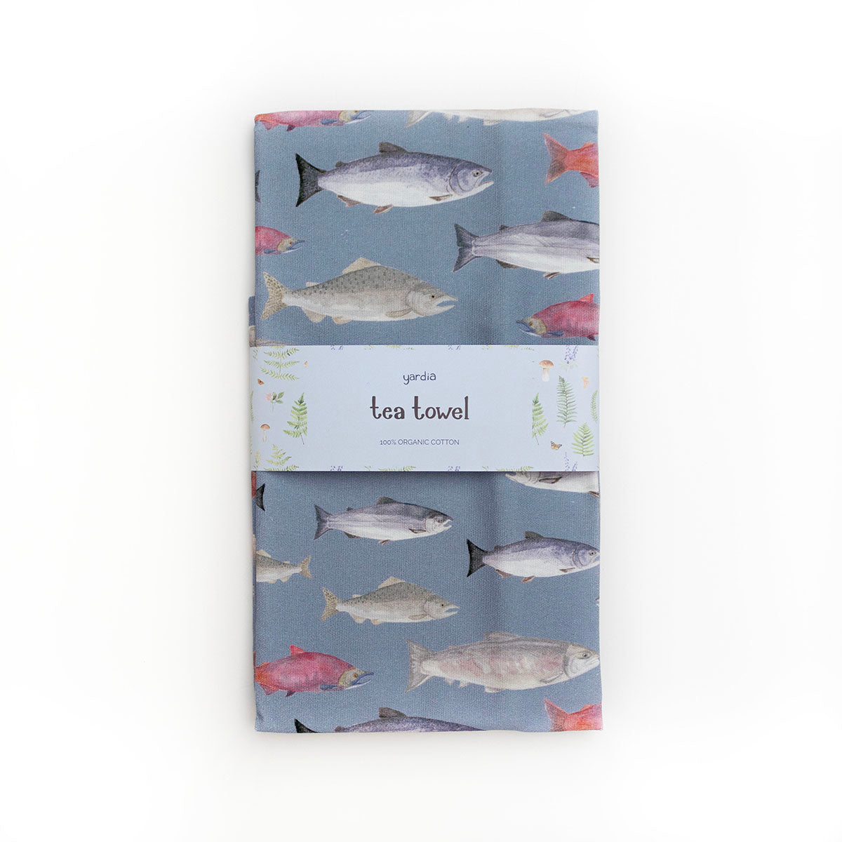 Salmon Tea Towel - Organic Cotton Kitchen Towel featuring watercolor Pacific salmon illustrations on a blue background with a corner hang loop for convenient storage.