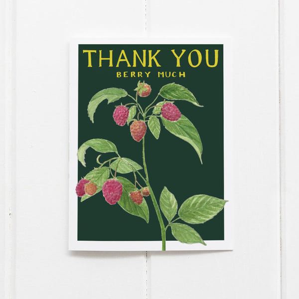 Thank You Berry Much Card featuring a watercolor illustration of raspberries and leaves, inspired by vintage seed packets. Perfect for expressing gratitude with a playful touch.