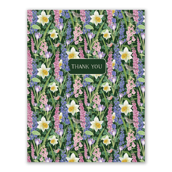 Spring Flowers Thank You Card featuring a vibrant watercolor design of spring blooms and songbirds, with THANK YOU in the center. Blank inside, includes kraft envelope.