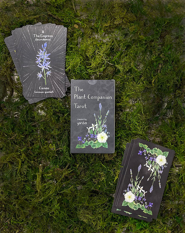 The Plant Companion Tarot set displayed on grass, featuring tarot cards with floral motifs, embodying the Yardia store's nature-inspired, expressive art style.