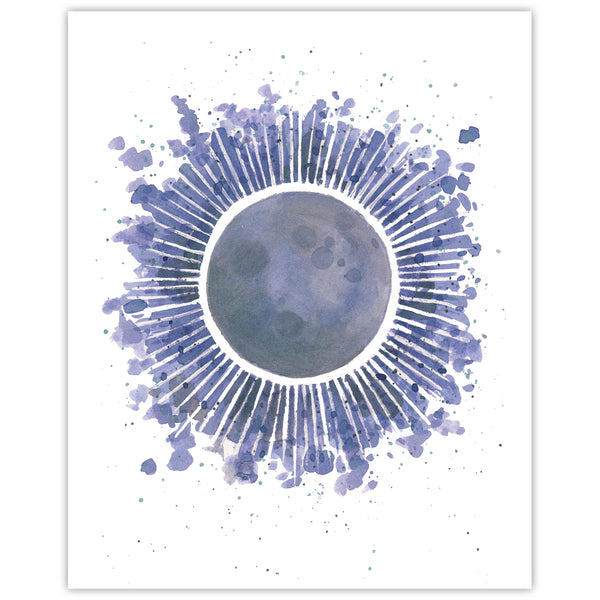 Solar Eclipse Watercolor Art Print showcasing a total eclipse, perfect for home decor. Measures 8 x 10, printed on archival paper, frame not included.