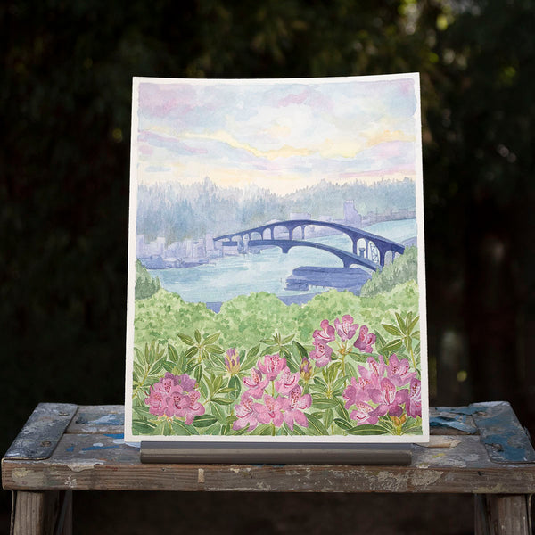 original watercolor painting of the West Seattle bridge with rhododendrons